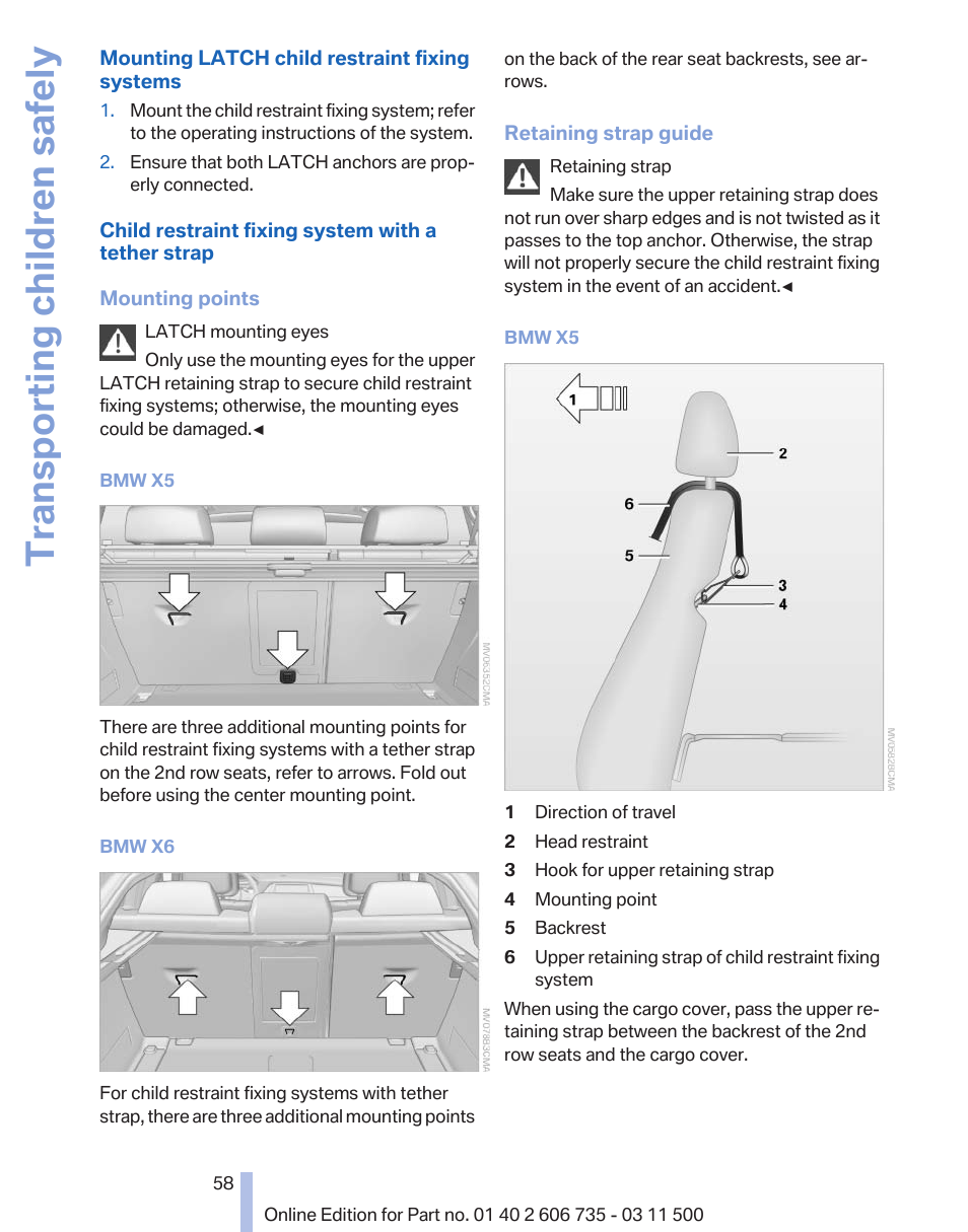 Transporting children safely | BMW 2012 X6M User Manual | Page 58 / 317