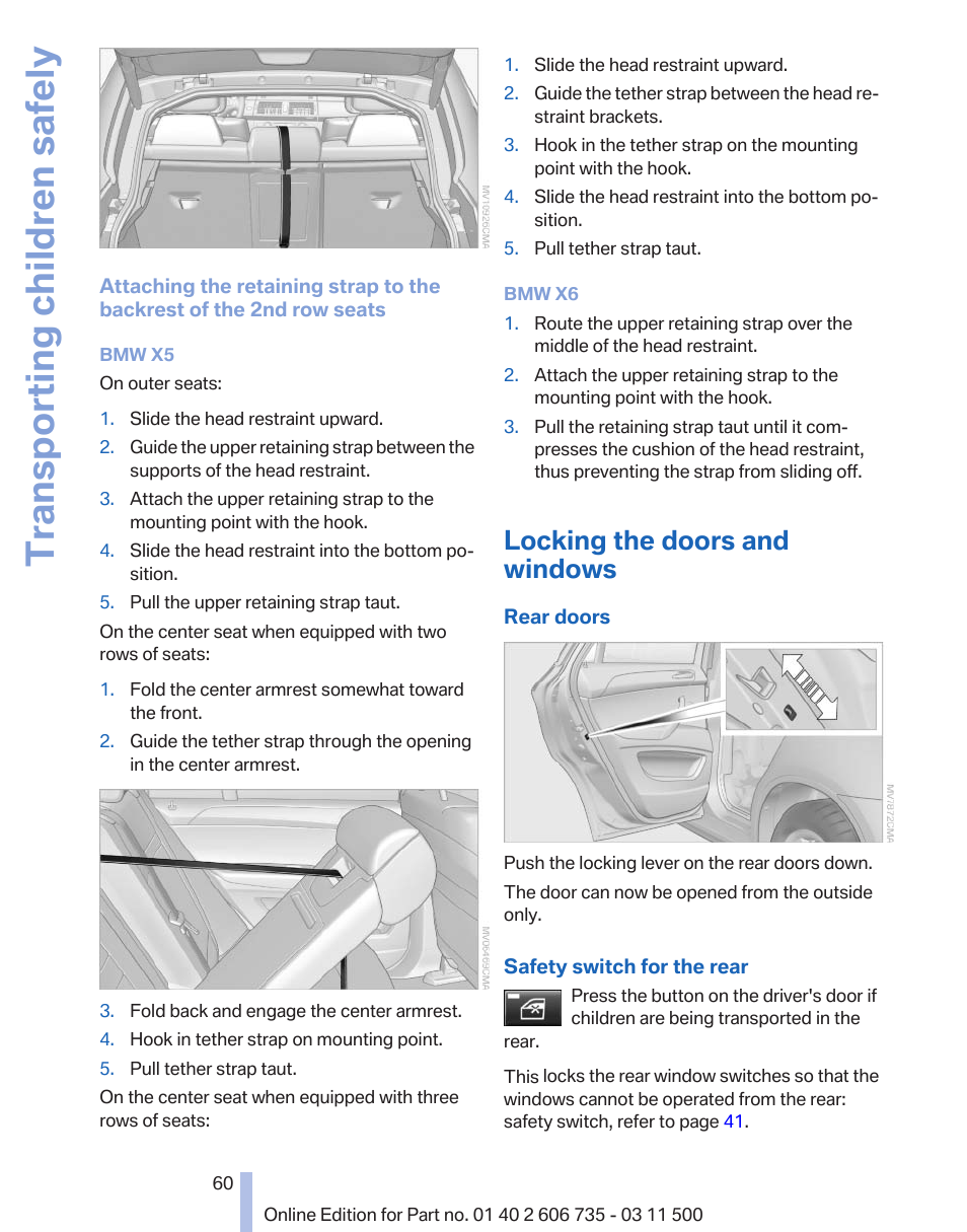 Locking the doors and windows, Transporting children safely | BMW 2012 X6M User Manual | Page 60 / 317