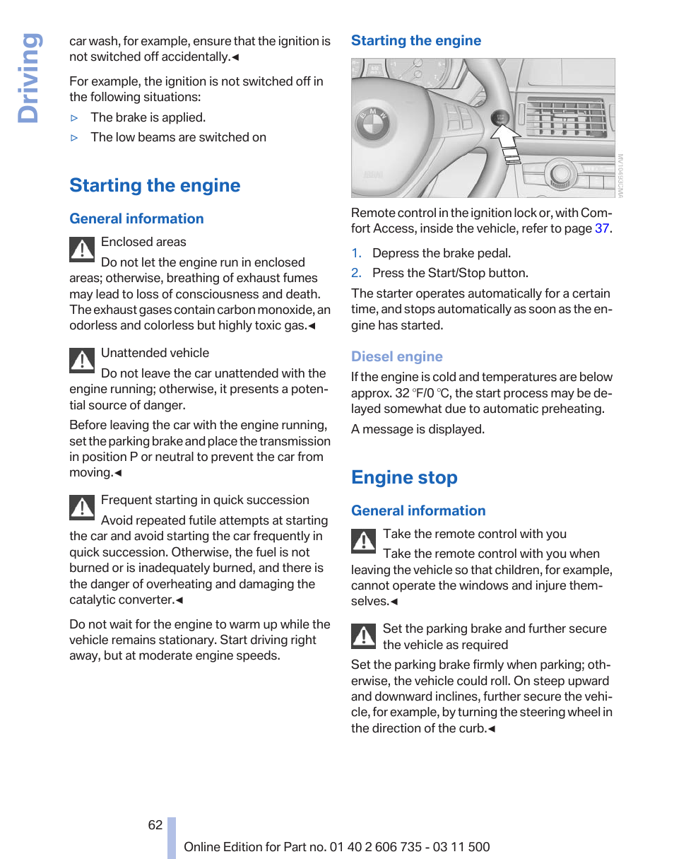 Starting the engine, Engine stop, Driving | BMW 2012 X6M User Manual | Page 62 / 317