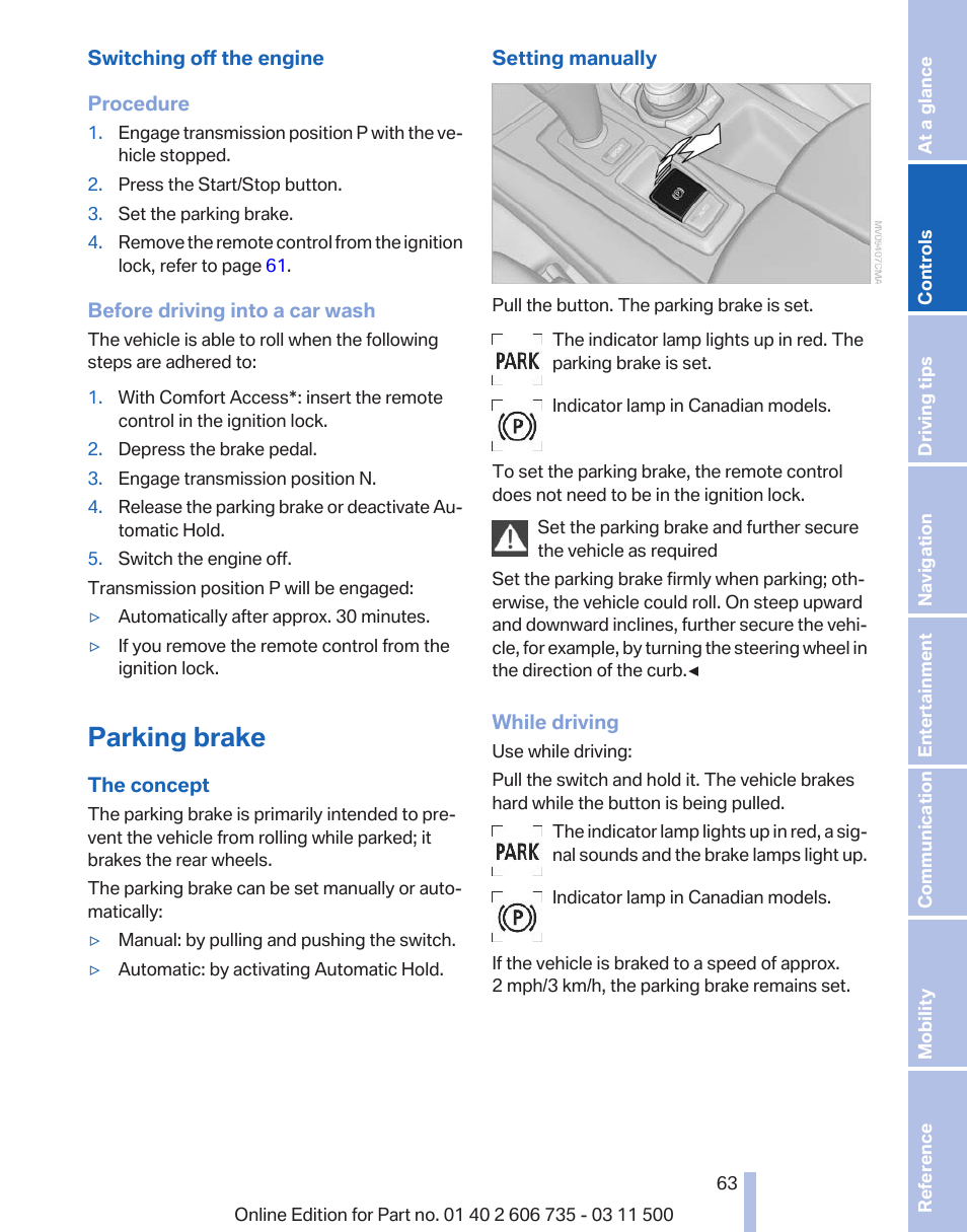 Parking brake | BMW 2012 X6M User Manual | Page 63 / 317