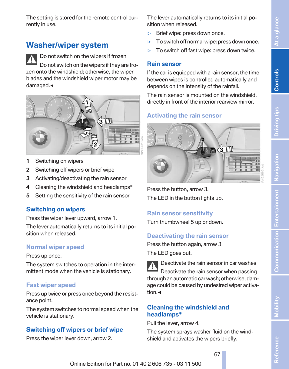 Washer/wiper system | BMW 2012 X6M User Manual | Page 67 / 317