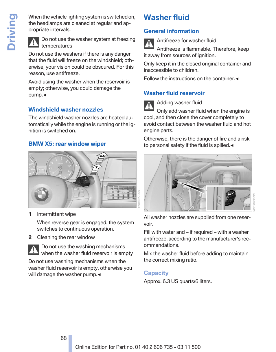 Washer fluid, Driving | BMW 2012 X6M User Manual | Page 68 / 317