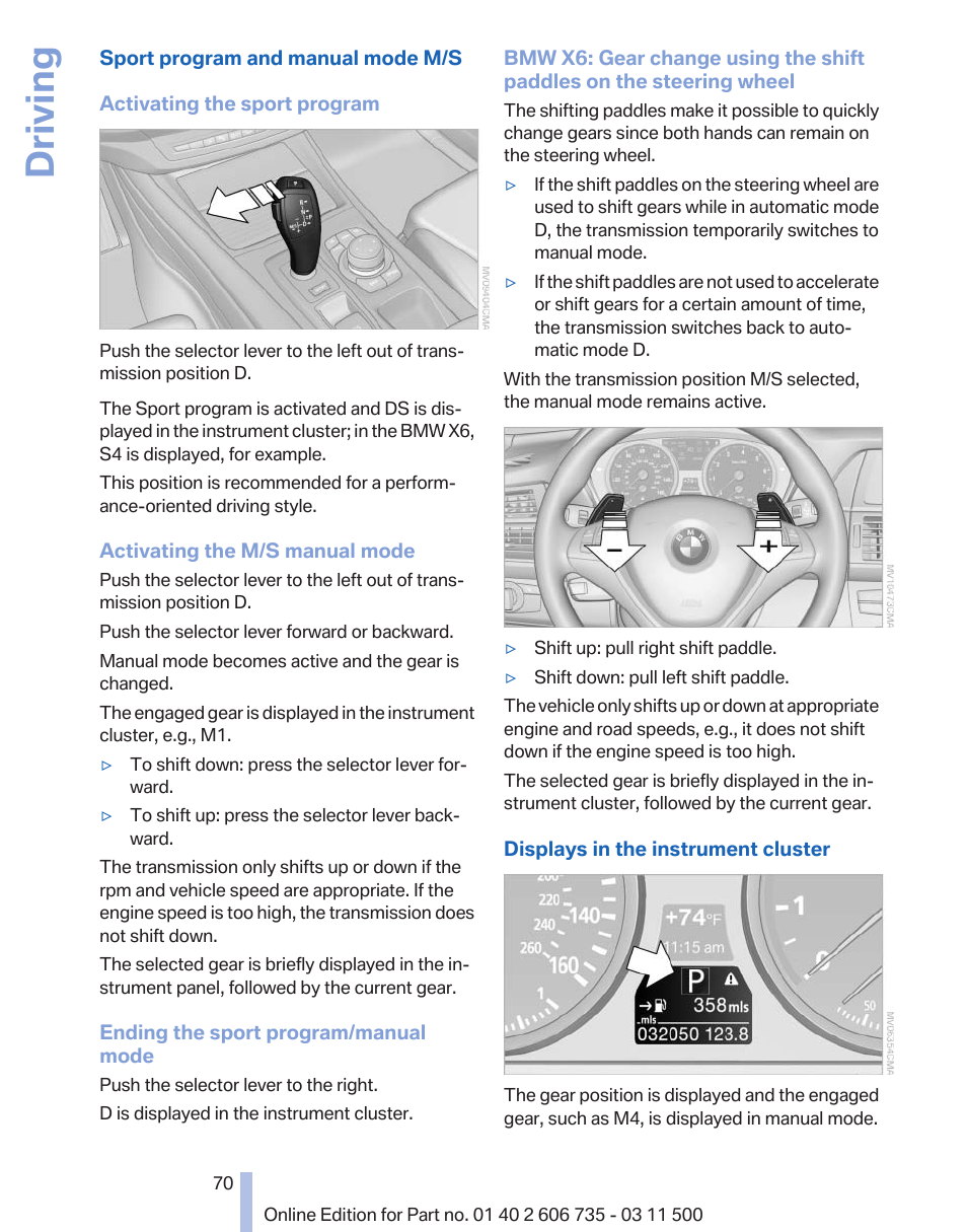 Driving | BMW 2012 X6M User Manual | Page 70 / 317