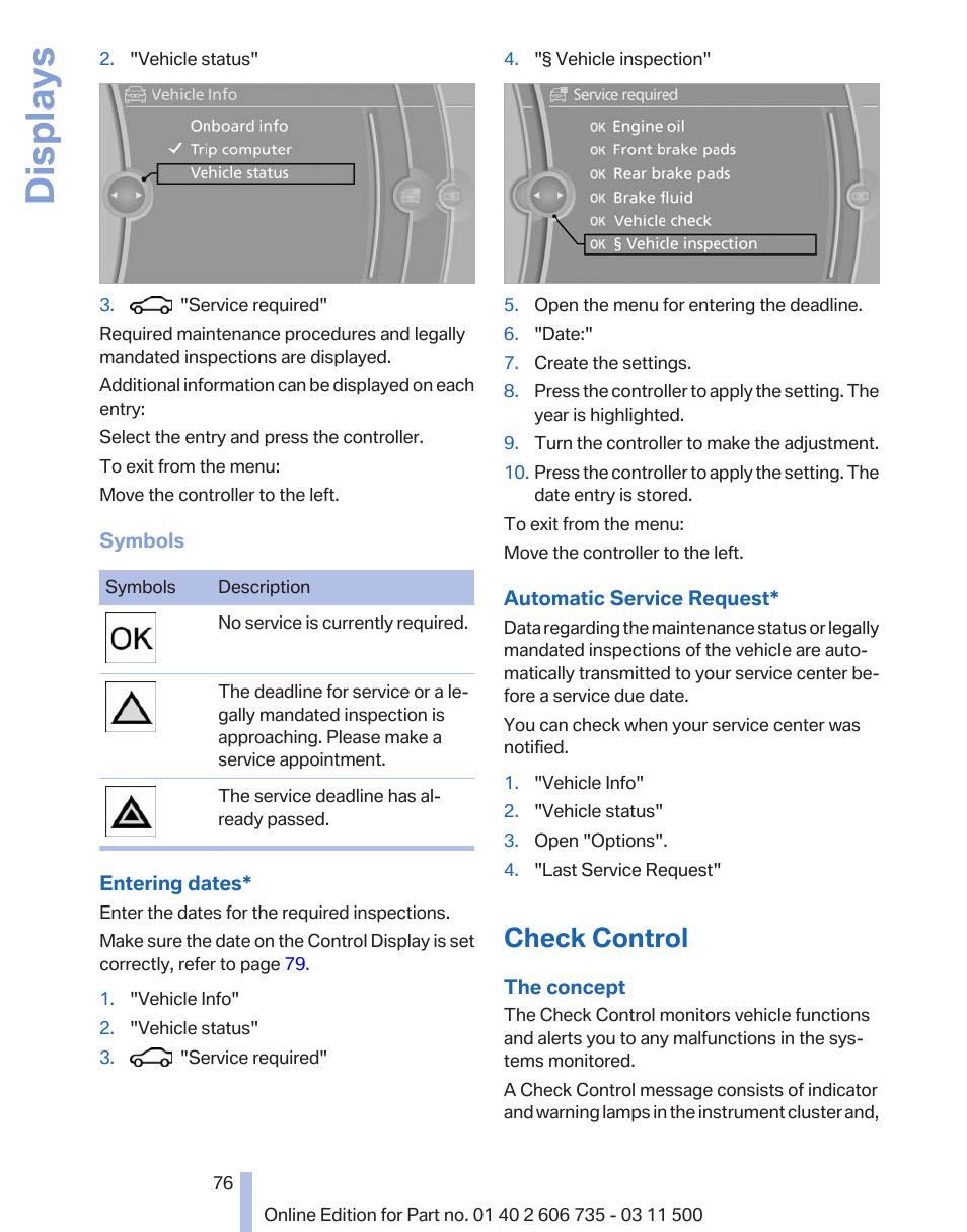 Check control, Displays | BMW 2012 X6M User Manual | Page 76 / 317