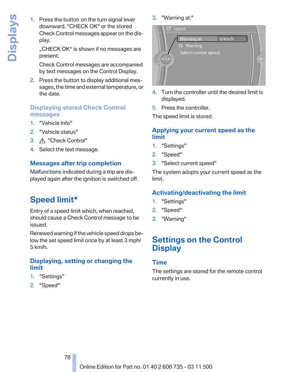 Speed limit, Settings on the control display, Displays | BMW 2012 X6M User Manual | Page 78 / 317