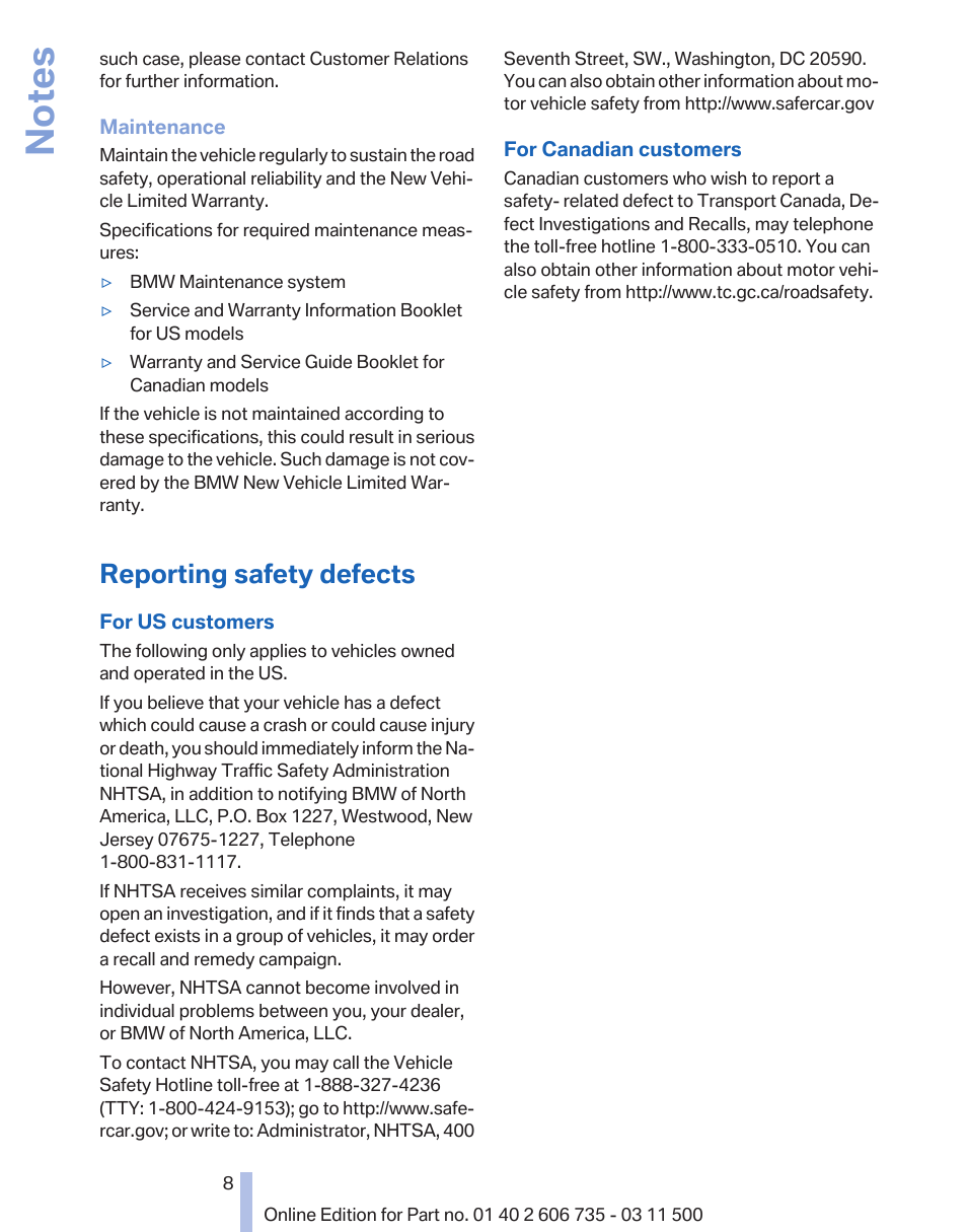 Reporting safety defects | BMW 2012 X6M User Manual | Page 8 / 317