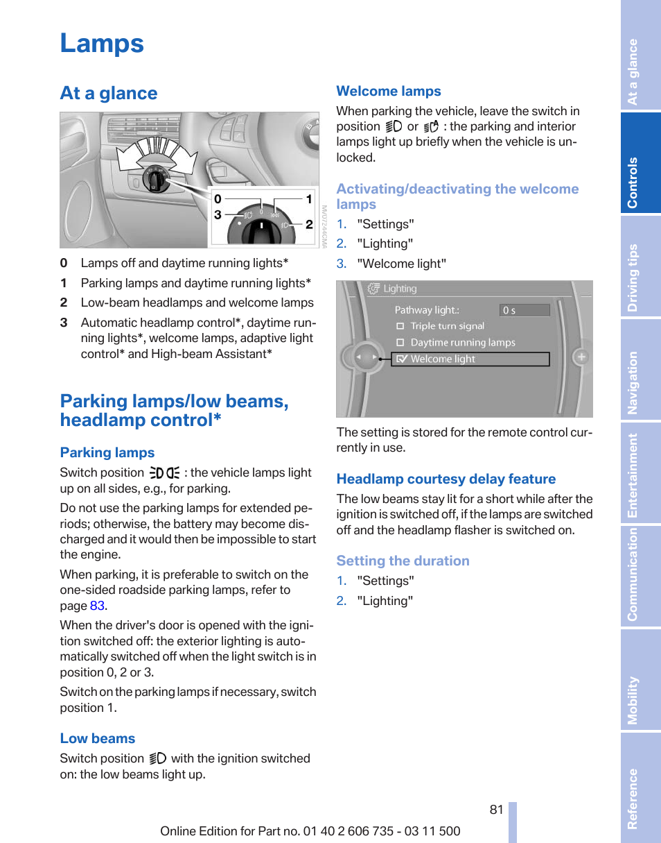 Lamps, At a glance, Parking lamps/low beams, headlamp control | BMW 2012 X6M User Manual | Page 81 / 317