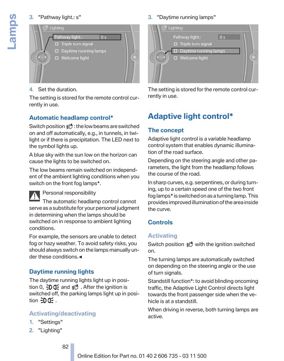 Adaptive light control, Trol, Lamps | BMW 2012 X6M User Manual | Page 82 / 317