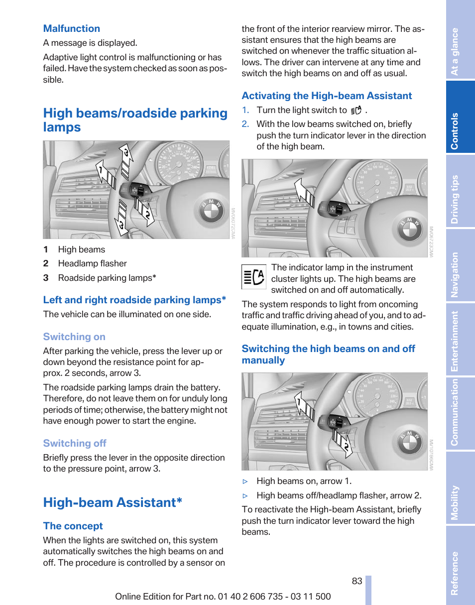 High beams/roadside parking lamps, High-beam assistant | BMW 2012 X6M User Manual | Page 83 / 317