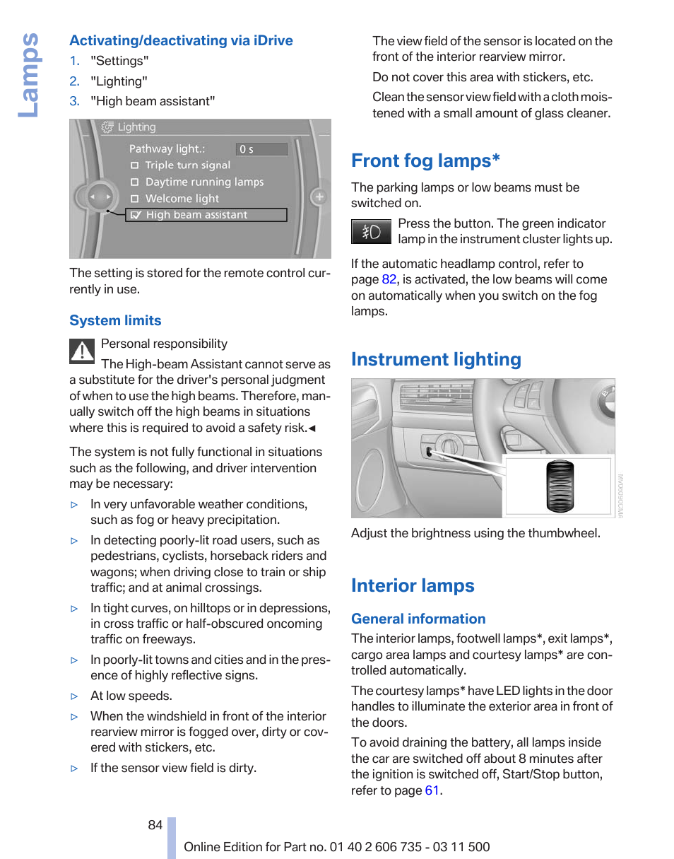 Front fog lamps, Instrument lighting, Interior lamps | Lamps | BMW 2012 X6M User Manual | Page 84 / 317