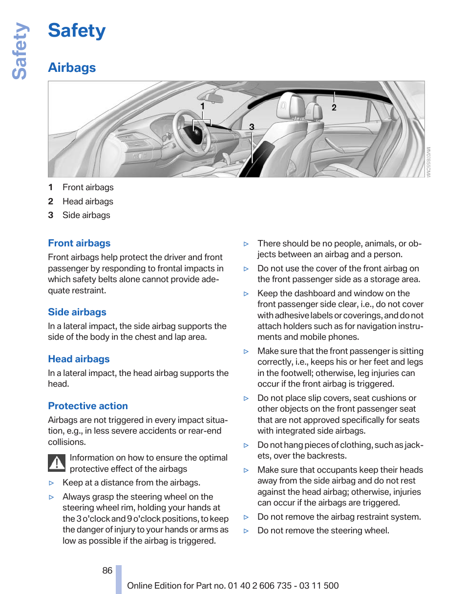 Safety, Airbags | BMW 2012 X6M User Manual | Page 86 / 317