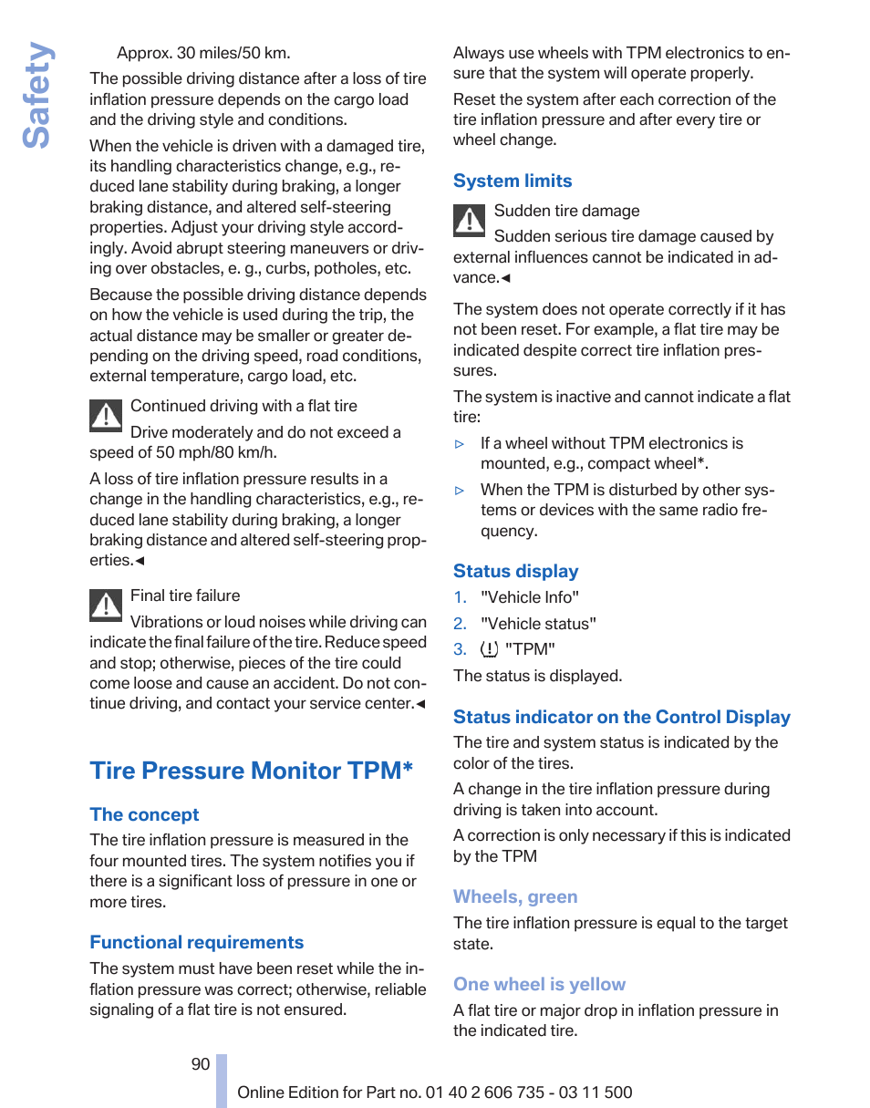 Tire pressure monitor tpm, Safety | BMW 2012 X6M User Manual | Page 90 / 317