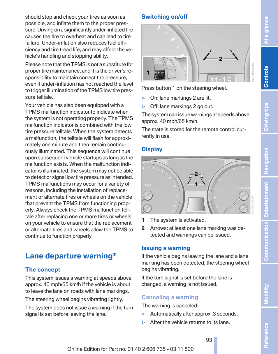 Lane departure warning | BMW 2012 X6M User Manual | Page 93 / 317