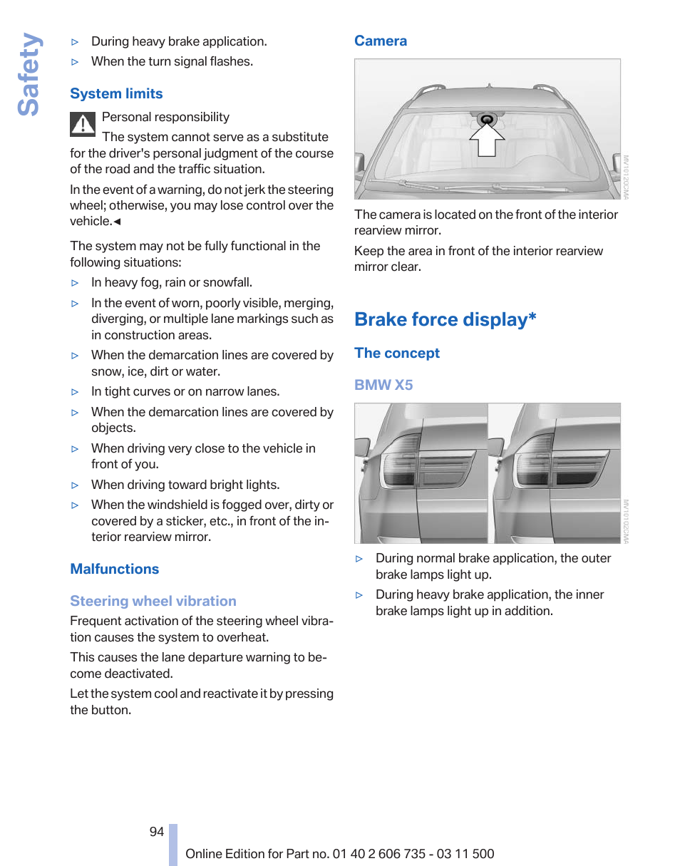 Brake force display, Safety | BMW 2012 X6M User Manual | Page 94 / 317