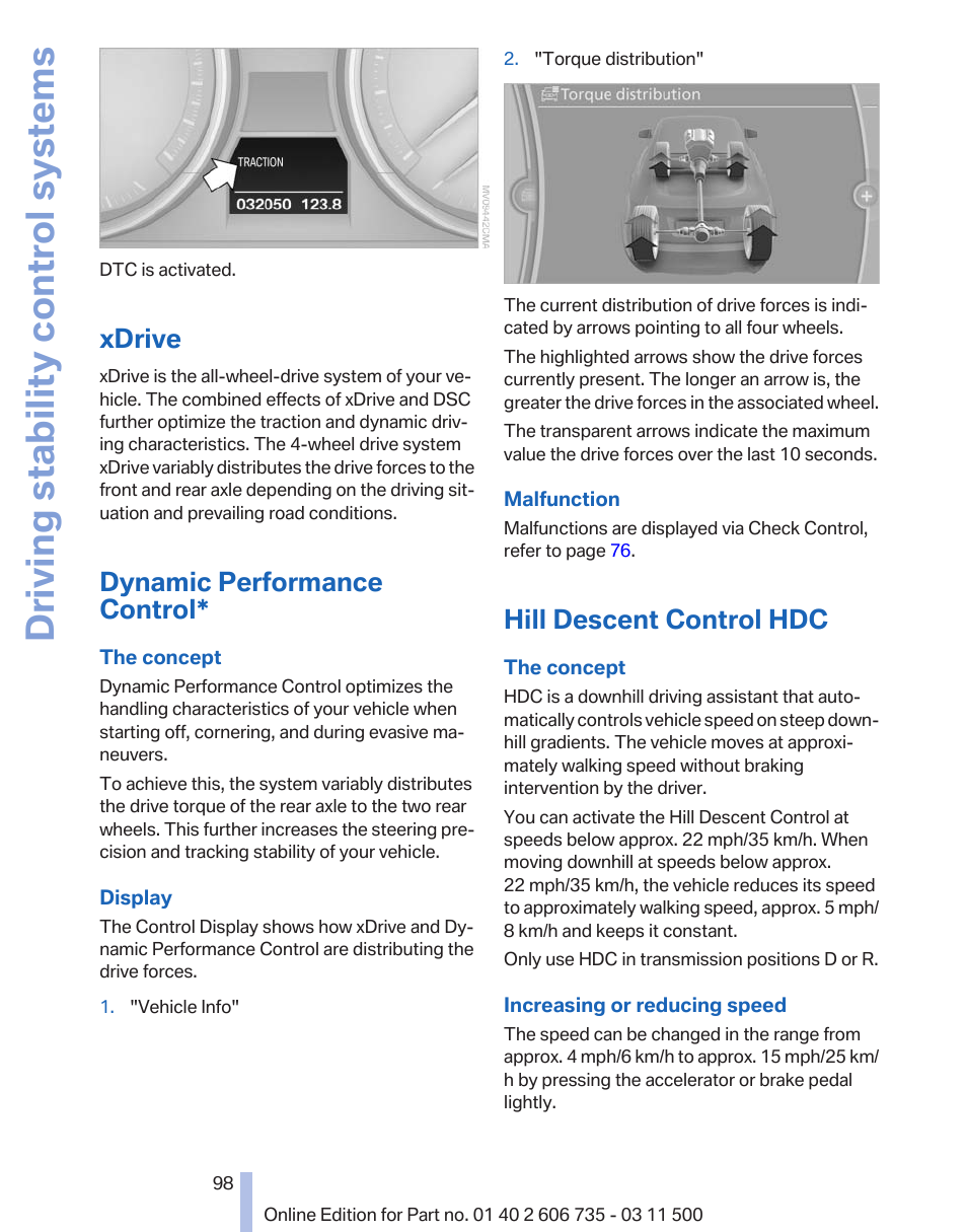 Xdrive, Dynamic performance control, Hill descent control hdc | Driving stability control systems | BMW 2012 X6M User Manual | Page 98 / 317