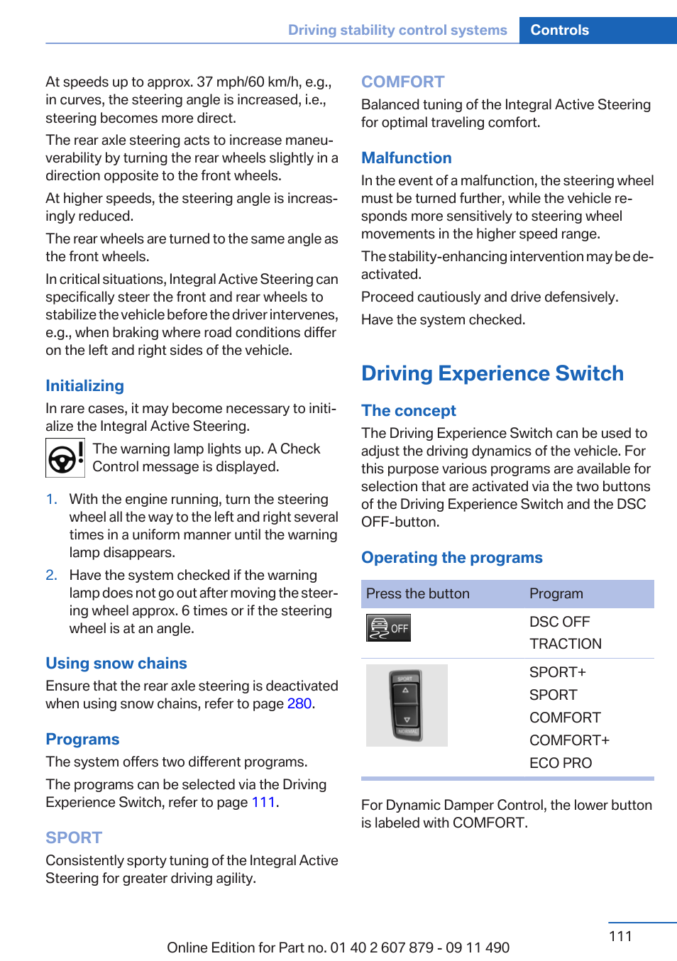 Driving experience switch | BMW 2012 5 Series User Manual | Page 111 / 335