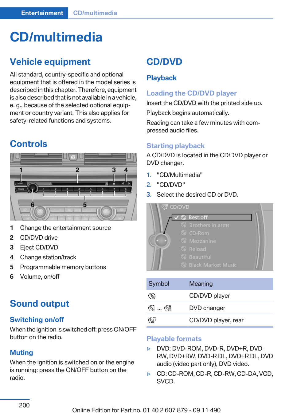 Cd/multimedia, Vehicle equipment, Controls | Sound output, Cd/dvd | BMW 2012 5 Series User Manual | Page 200 / 335