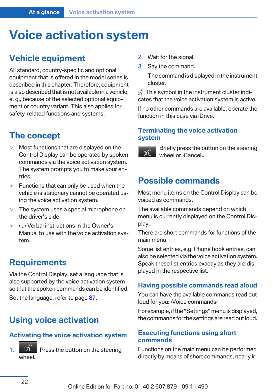 Voice activation system, Vehicle equipment, The concept | Requirements, Using voice activation, Possible commands | BMW 2012 5 Series User Manual | Page 22 / 335