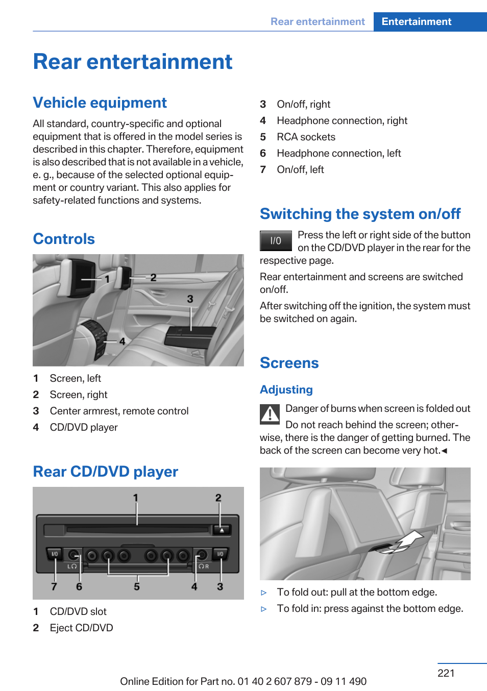 Rear entertainment, Vehicle equipment, Controls | Rear cd/dvd player, Switching the system on/off, Screens | BMW 2012 5 Series User Manual | Page 221 / 335