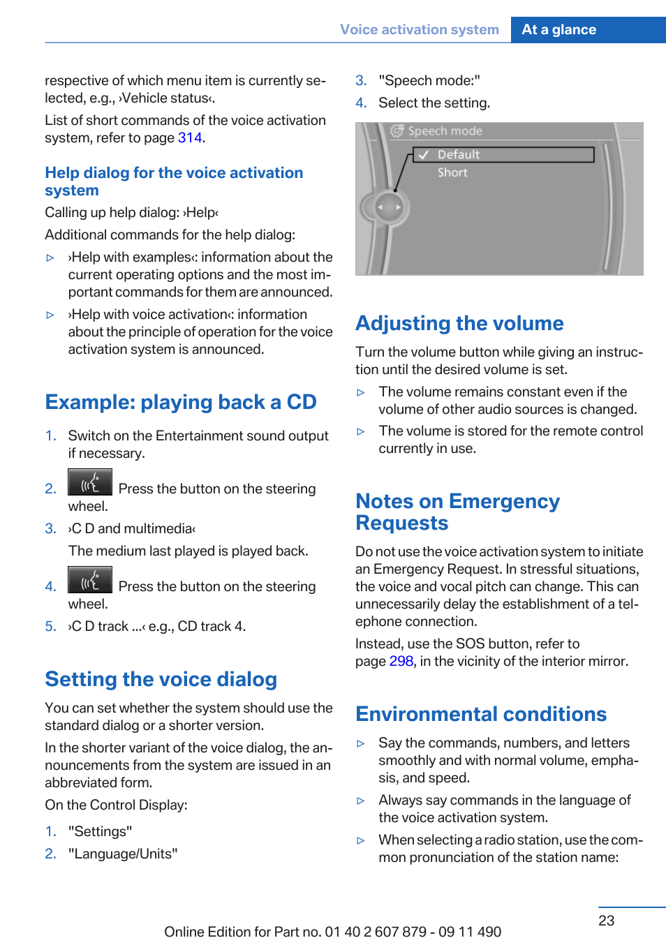 Example: playing back a cd, Setting the voice dialog, Adjusting the volume | Notes on emergency requests, Environmental conditions | BMW 2012 5 Series User Manual | Page 23 / 335