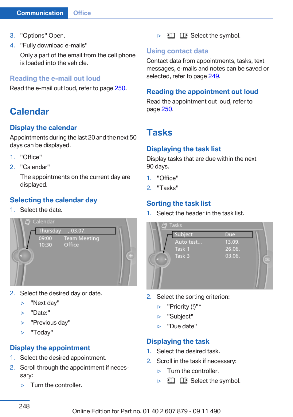 Calendar, Tasks | BMW 2012 5 Series User Manual | Page 248 / 335