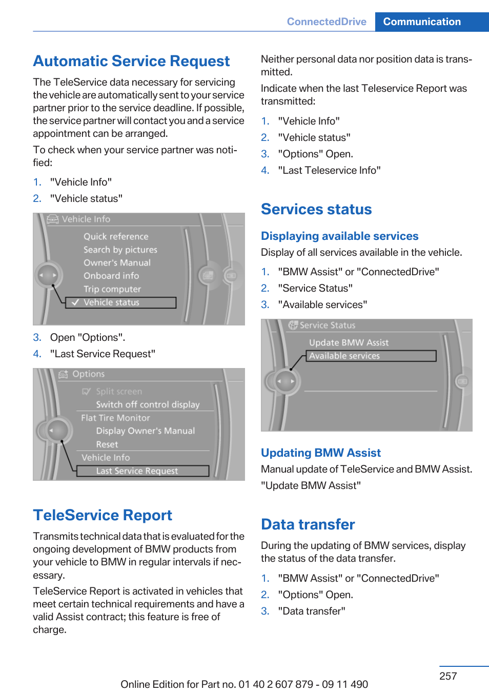 Automatic service request, Teleservice report, Services status | Data transfer | BMW 2012 5 Series User Manual | Page 257 / 335
