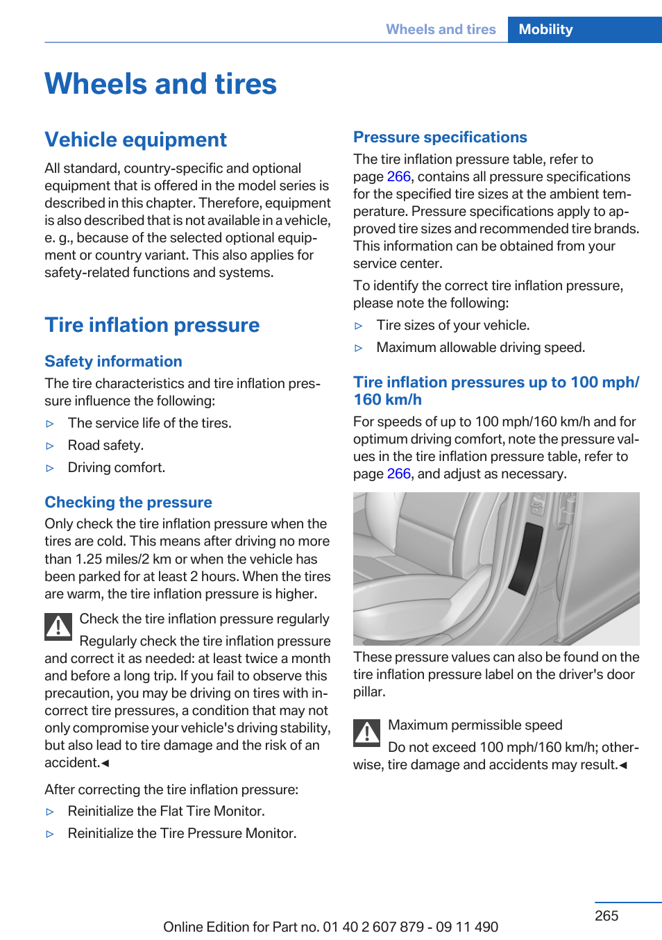Wheels and tires, Vehicle equipment, Tire inflation pressure | BMW 2012 5 Series User Manual | Page 265 / 335