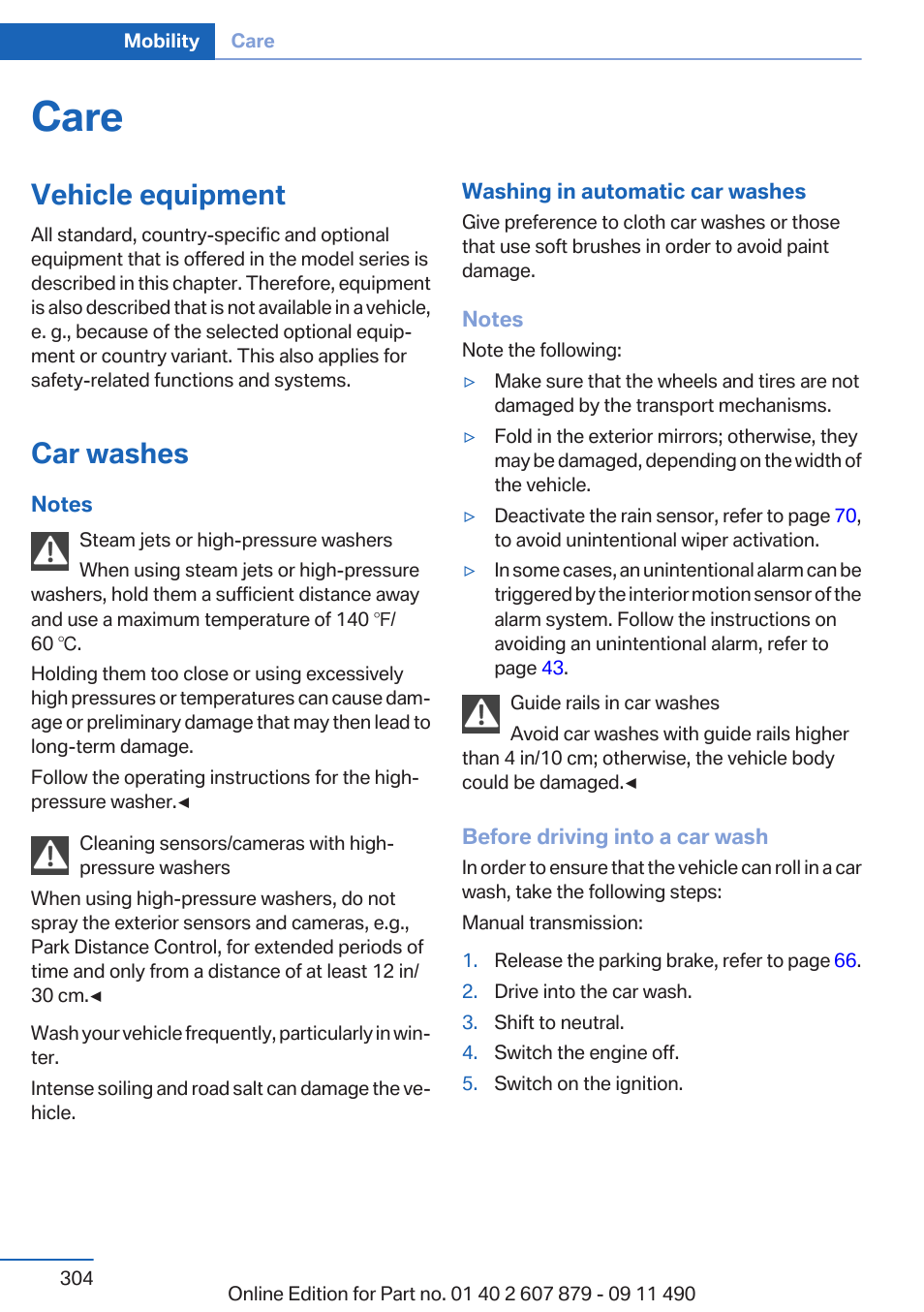 Care, Vehicle equipment, Car washes | BMW 2012 5 Series User Manual | Page 304 / 335
