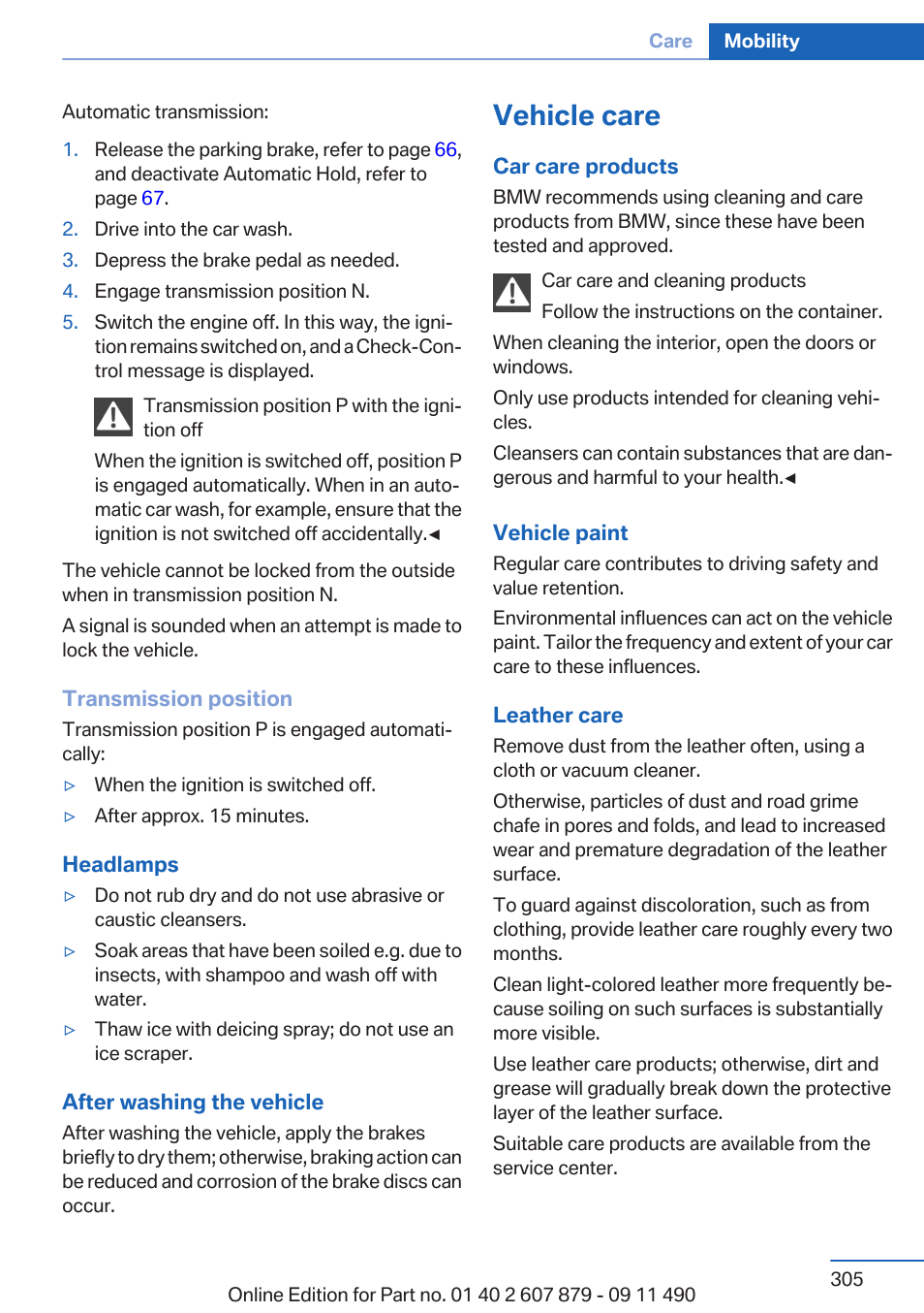 Vehicle care | BMW 2012 5 Series User Manual | Page 305 / 335