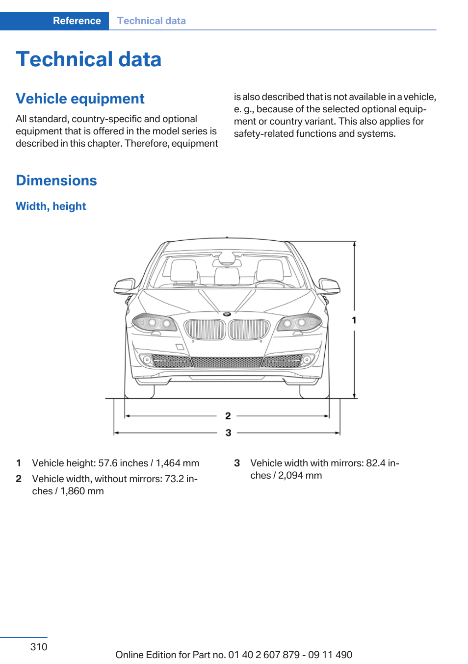 Technical data, Vehicle equipment, Dimensions | BMW 2012 5 Series User Manual | Page 310 / 335