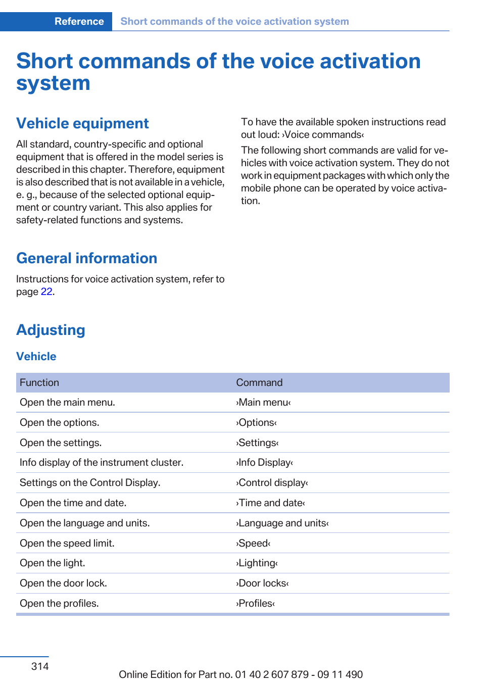 Short commands of the voice activation system, Vehicle equipment, General information | Adjusting | BMW 2012 5 Series User Manual | Page 314 / 335
