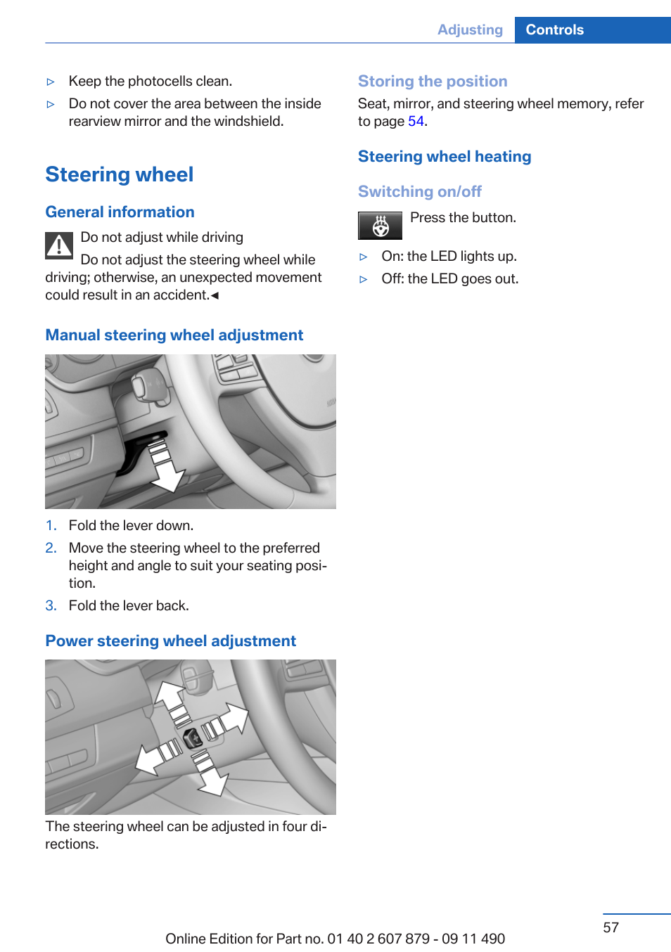 Steering wheel, Steering wheel heating | BMW 2012 5 Series User Manual | Page 57 / 335
