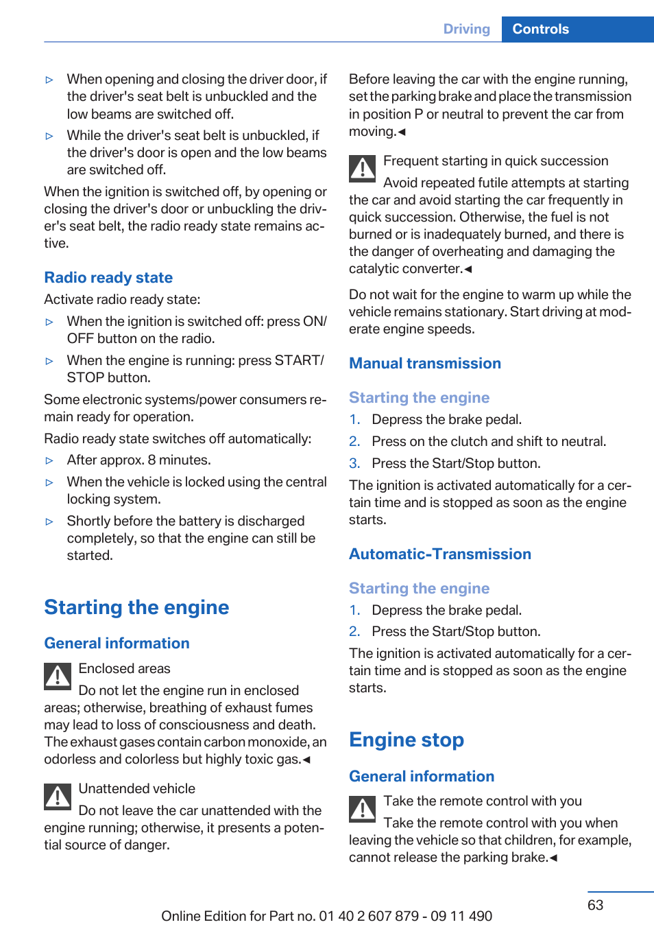 Starting the engine, Engine stop | BMW 2012 5 Series User Manual | Page 63 / 335