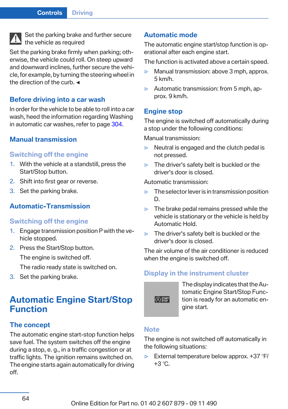 Automatic engine start/stop function, Function | BMW 2012 5 Series User Manual | Page 64 / 335