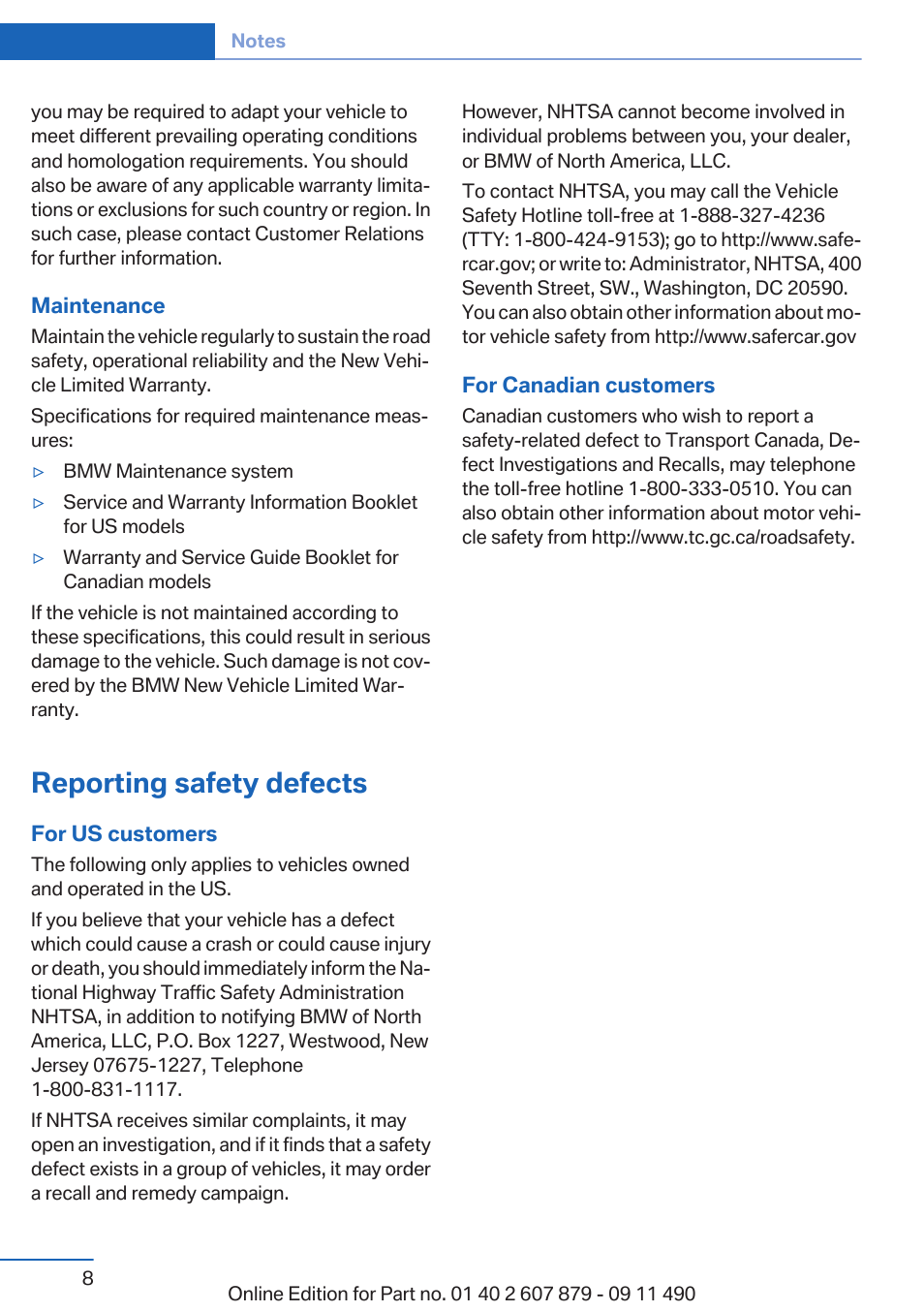 Reporting safety defects | BMW 2012 5 Series User Manual | Page 8 / 335