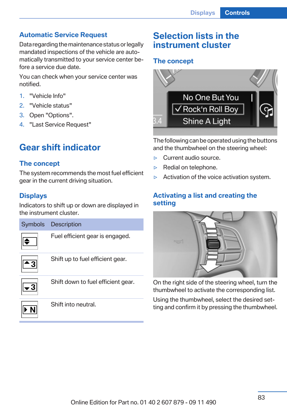 Gear shift indicator, Selection lists in the instrument cluster, Selection list, for instance radio | BMW 2012 5 Series User Manual | Page 83 / 335