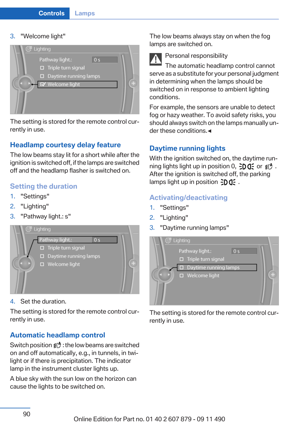 Daytime running lights | BMW 2012 5 Series User Manual | Page 90 / 335