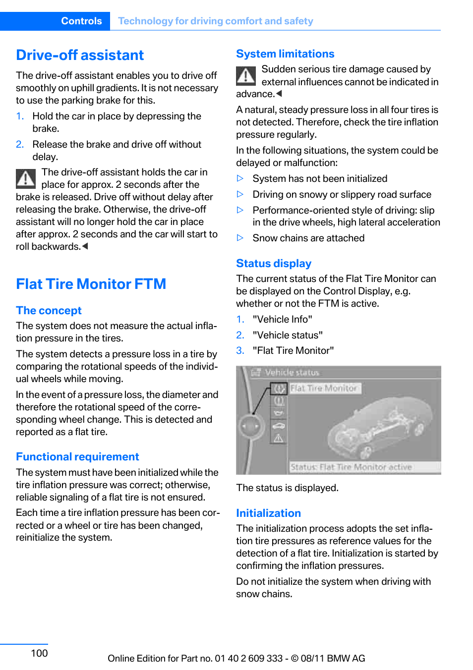 Drive-off assistant, Flat tire monitor ftm | BMW 2012 3 Series M3 Сoupe User Manual | Page 101 / 314