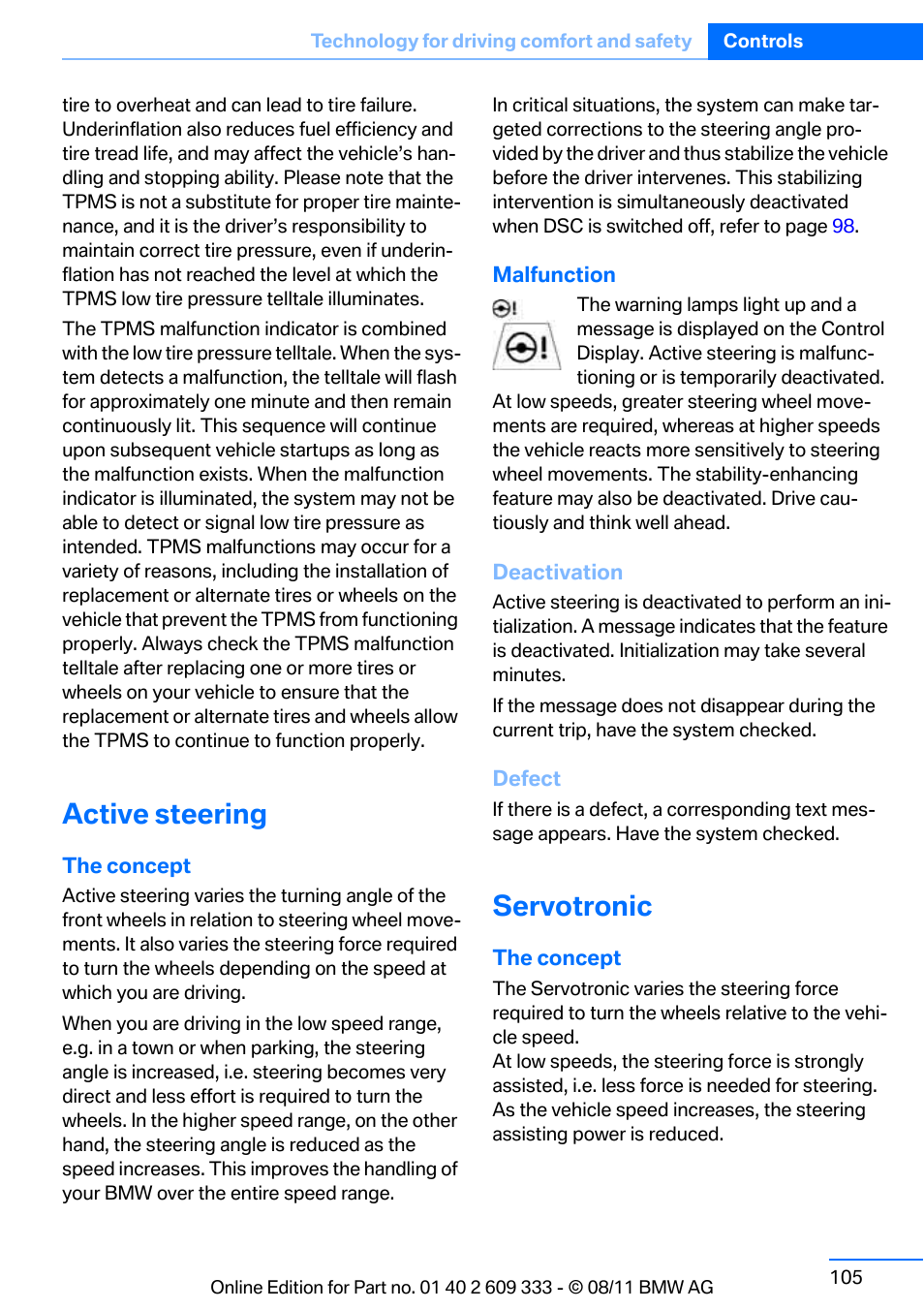 Active steering, Servotronic | BMW 2012 3 Series M3 Сoupe User Manual | Page 106 / 314