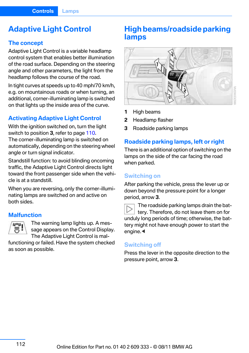 Adaptive light control, High beams/roadside parking lamps, Control | Lamps | BMW 2012 3 Series M3 Сoupe User Manual | Page 113 / 314