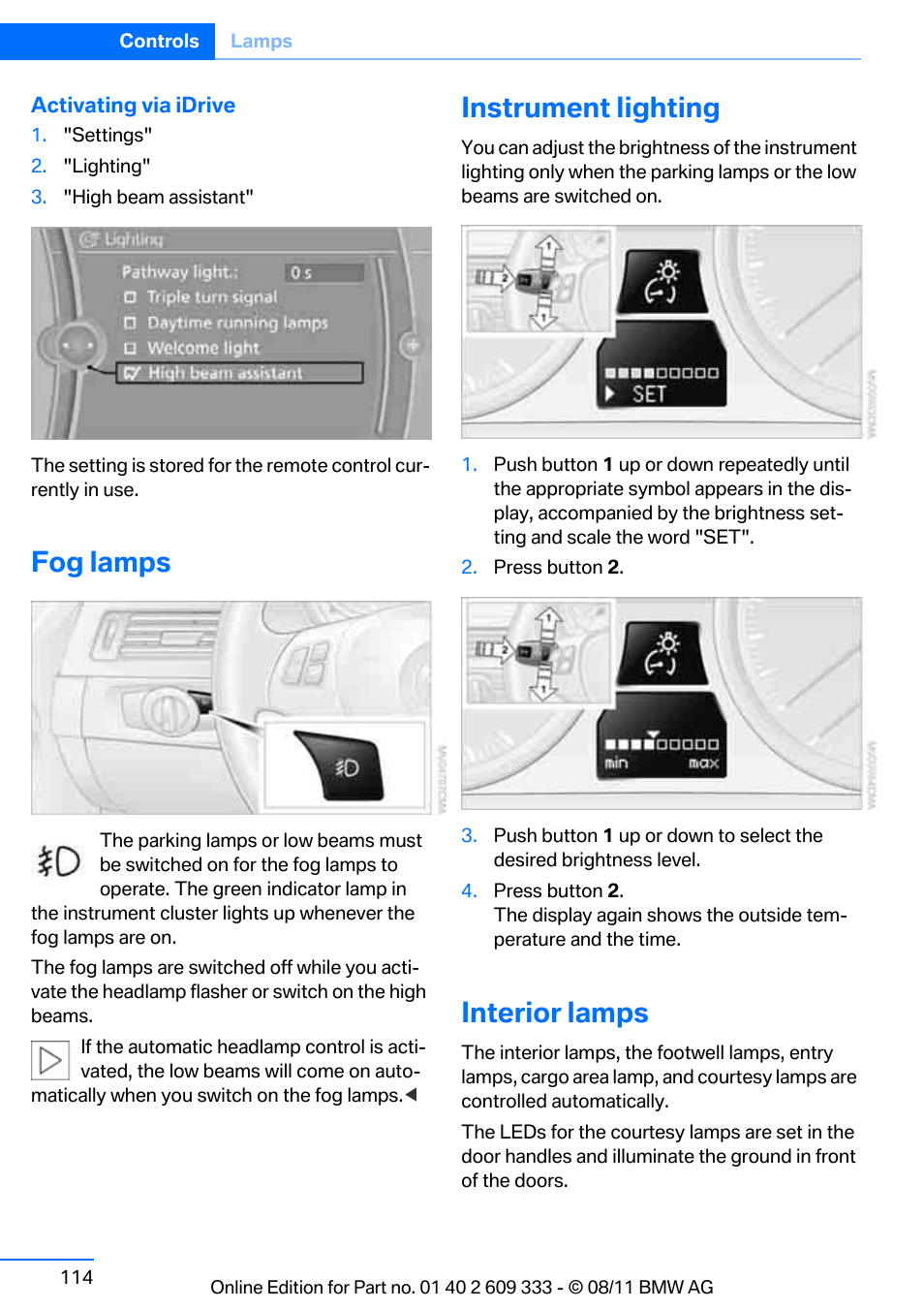 Fog lamps, Instrument lighting, Interior lamps | BMW 2012 3 Series M3 Сoupe User Manual | Page 115 / 314