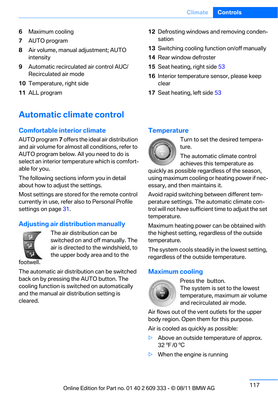 Automatic climate control, Ribution to the footwell | BMW 2012 3 Series M3 Сoupe User Manual | Page 118 / 314