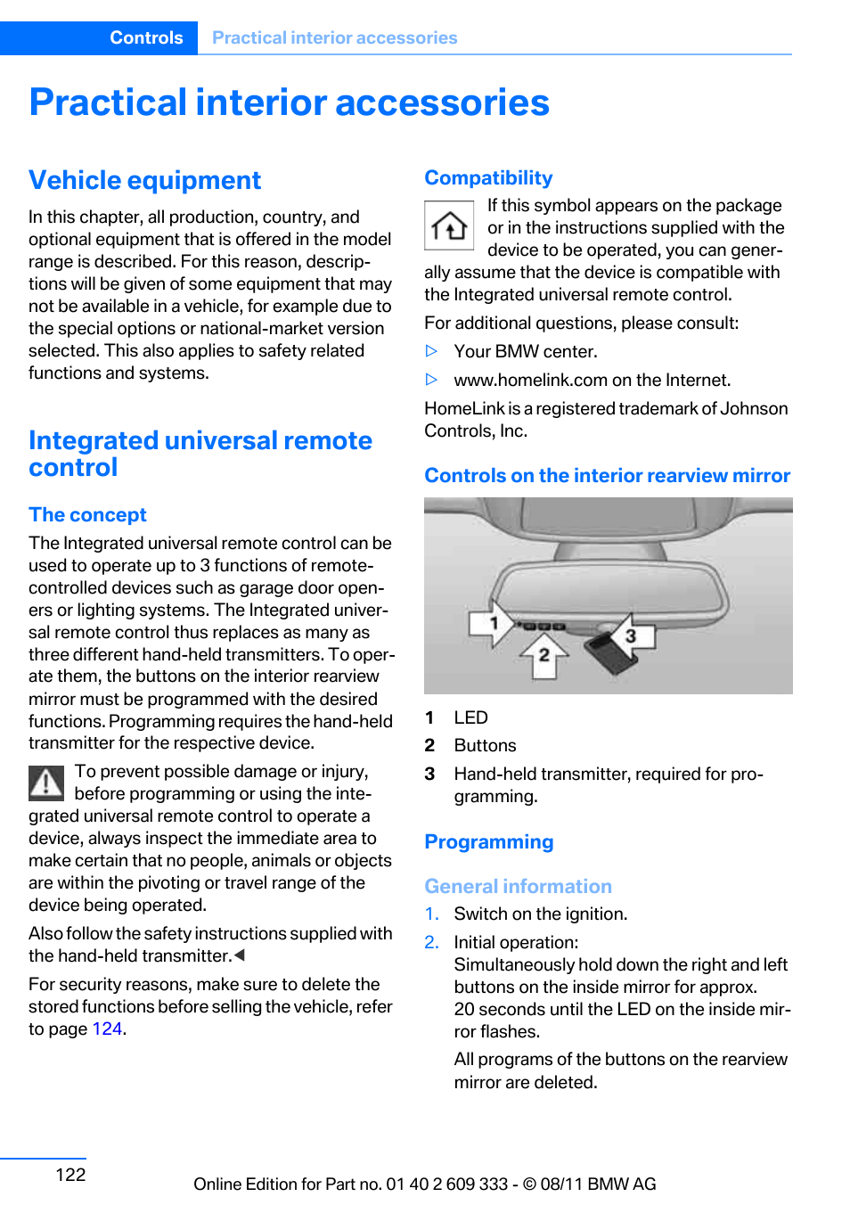 Practical interior accessories, Vehicle equipment, Integrated universal remote control | BMW 2012 3 Series M3 Сoupe User Manual | Page 123 / 314