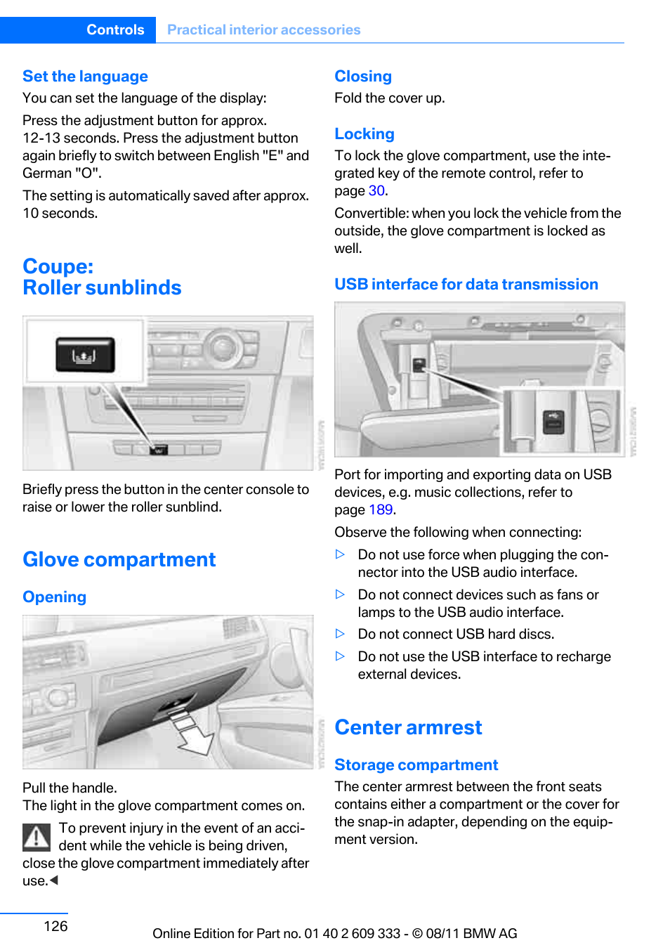 Coupe: roller sunblinds, Glove compartment, Center armrest | BMW 2012 3 Series M3 Сoupe User Manual | Page 127 / 314