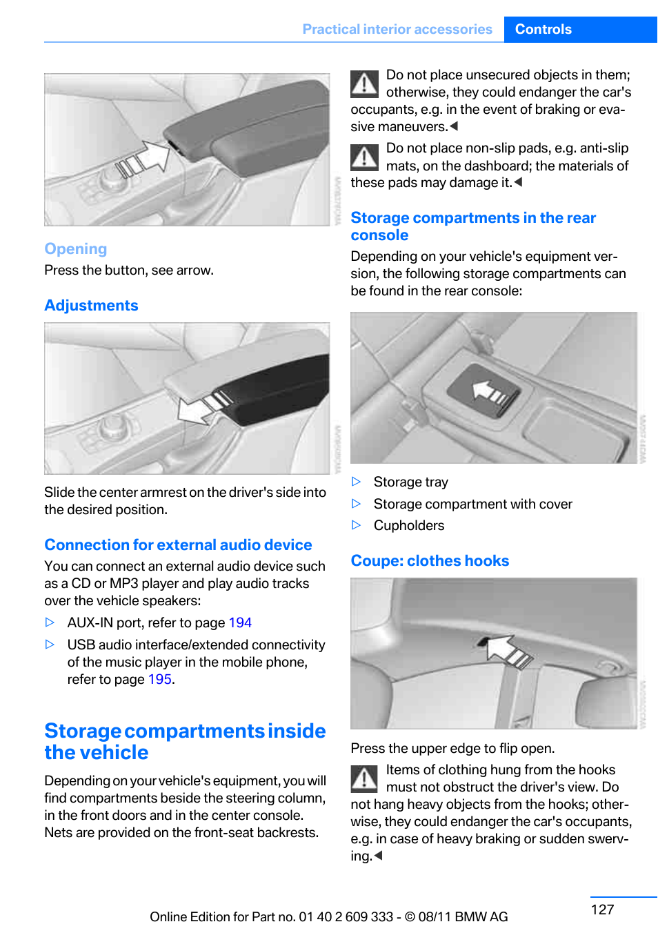 Storage compartments inside the vehicle | BMW 2012 3 Series M3 Сoupe User Manual | Page 128 / 314