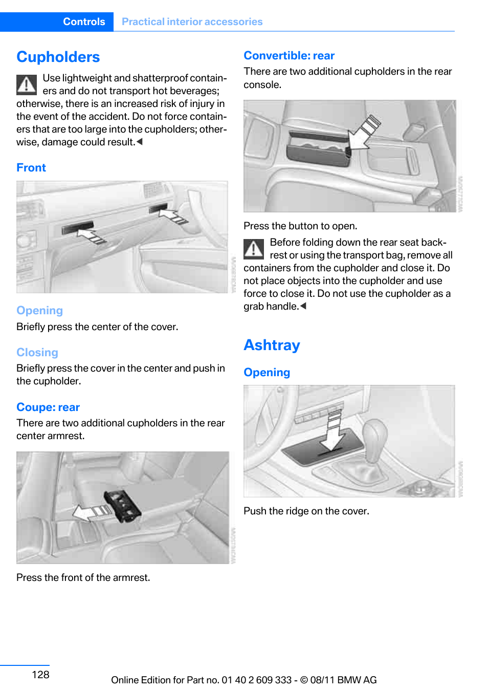 Cupholders, Ashtray | BMW 2012 3 Series M3 Сoupe User Manual | Page 129 / 314