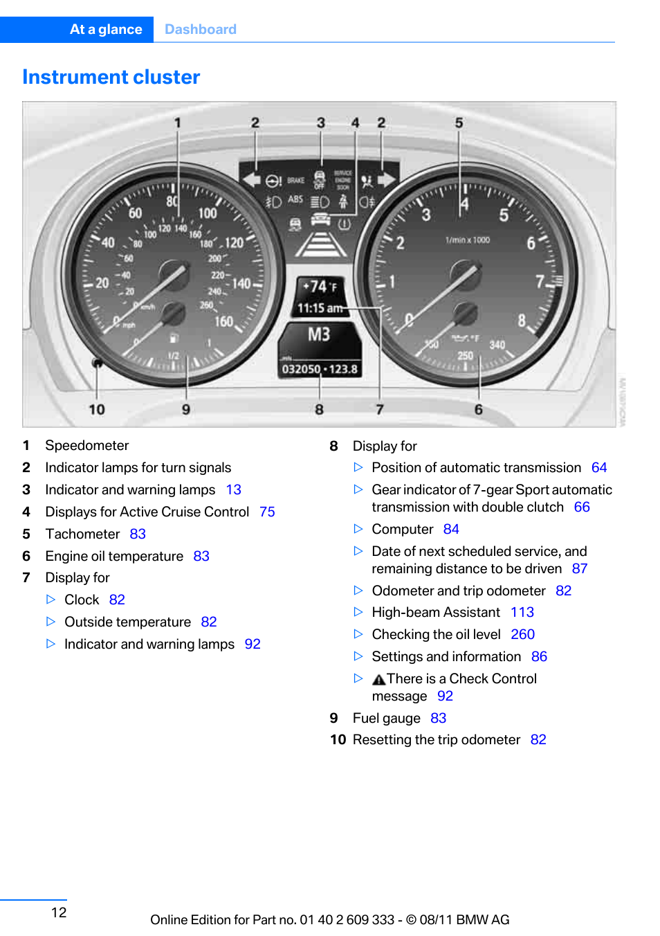 Instrument cluster | BMW 2012 3 Series M3 Сoupe User Manual | Page 13 / 314