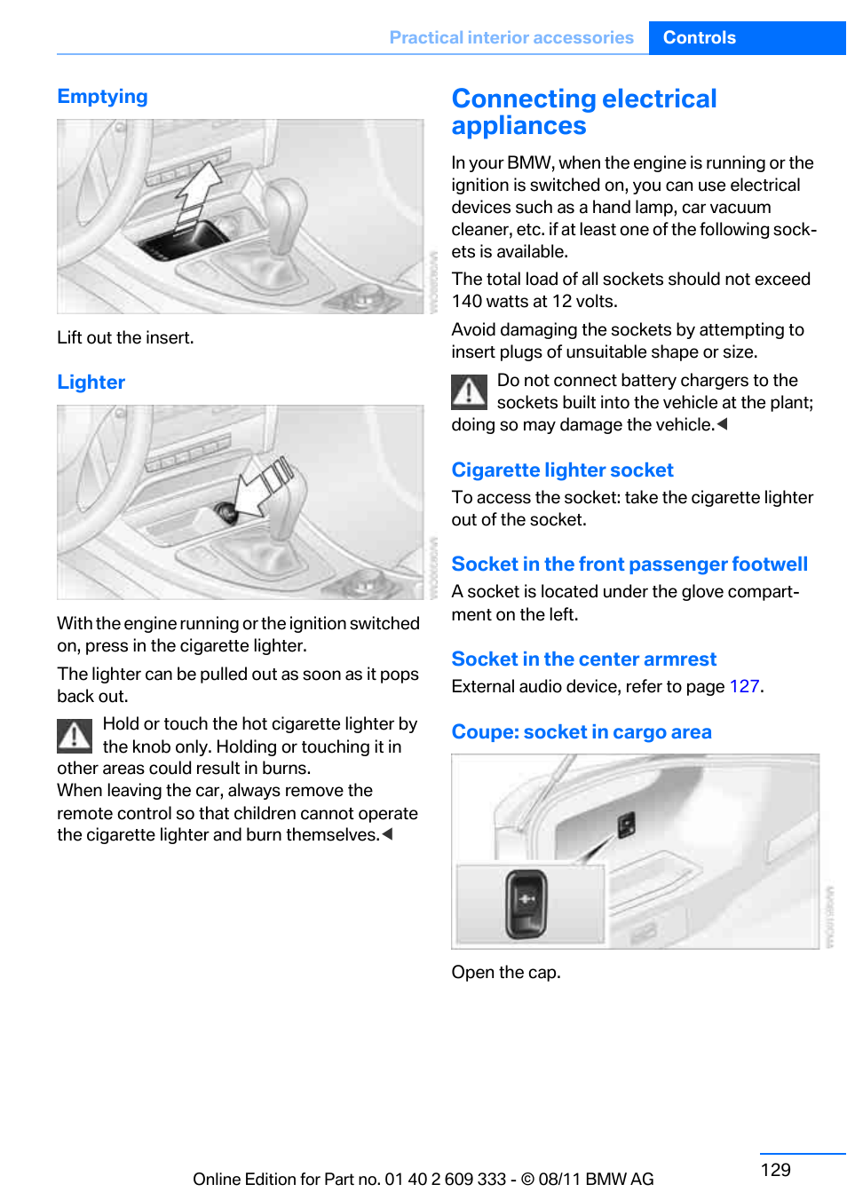 Connecting electrical appliances | BMW 2012 3 Series M3 Сoupe User Manual | Page 130 / 314