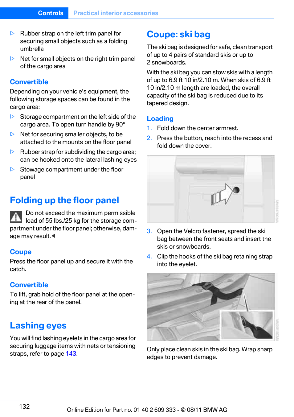 Folding up the floor panel, Lashing eyes, Coupe: ski bag | BMW 2012 3 Series M3 Сoupe User Manual | Page 133 / 314