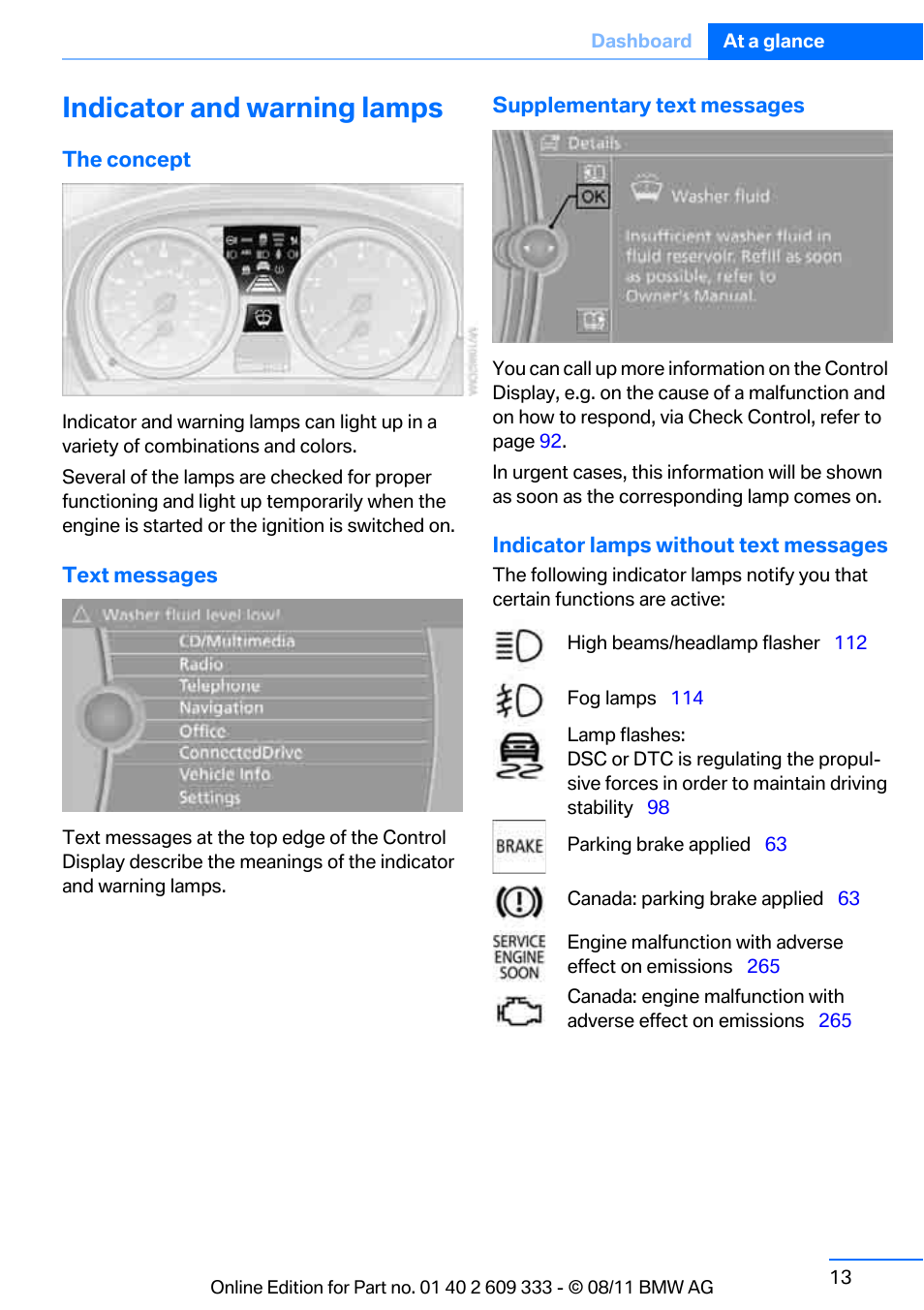 Indicator and warning lamps | BMW 2012 3 Series M3 Сoupe User Manual | Page 14 / 314